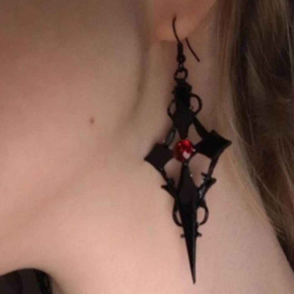 DESIGNER GOTH VAMPIRE BLACK ENAMEL CROSS/RED CRYSTAL CHOKER NECKLACE**NEW! - Picture 4 of 5